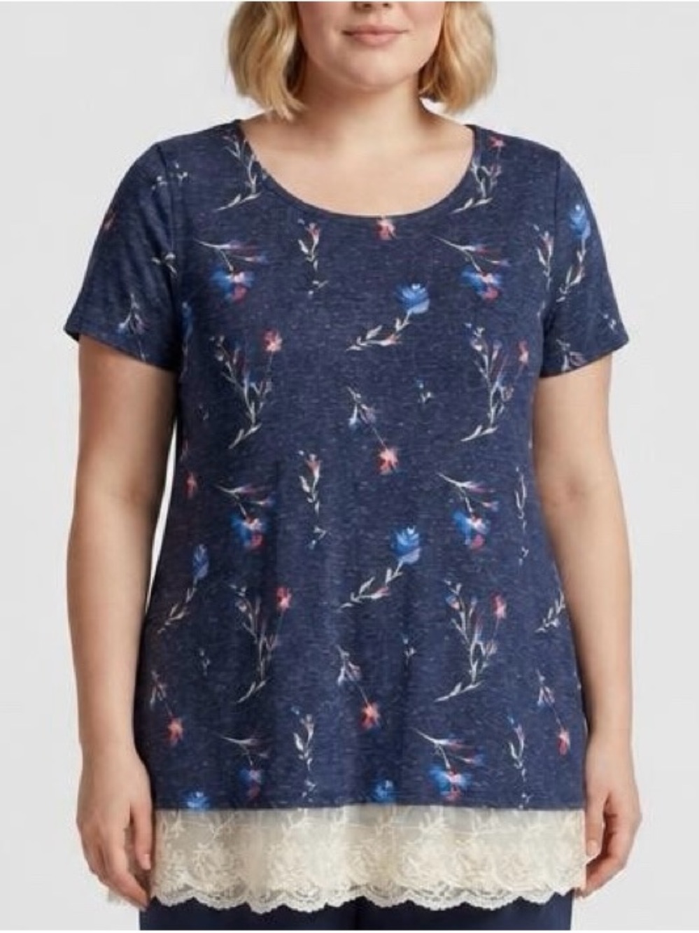 Maurices Navy Floral Short Sleeve Tee with Cream Lace Hem